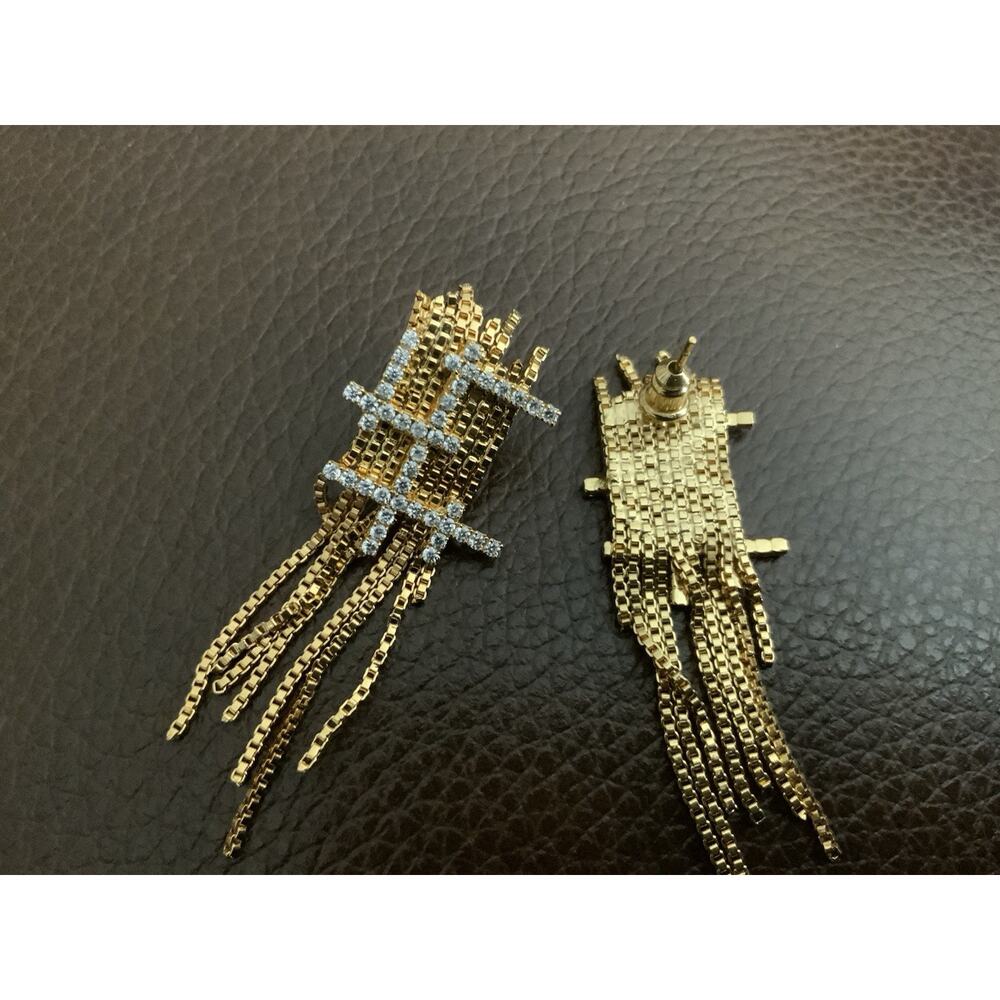 Gold Tassel Fringe Chain Stud Earrings Crystal CZ Geometric Sculptural Statement - Picture 8 of 8